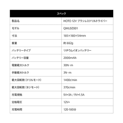 12V ブラシレスドリルドライバー